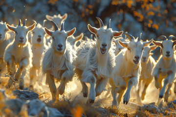A herd of goats running quickly through an open field