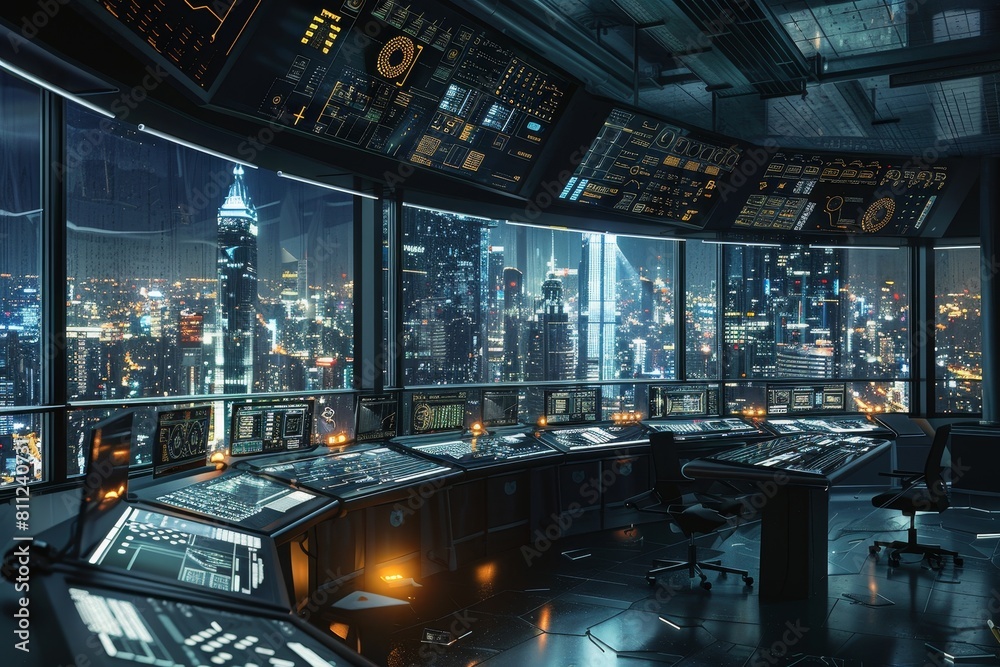 Poster high-tech command center filled with computer monitors, a high-tech command center overseeing the in