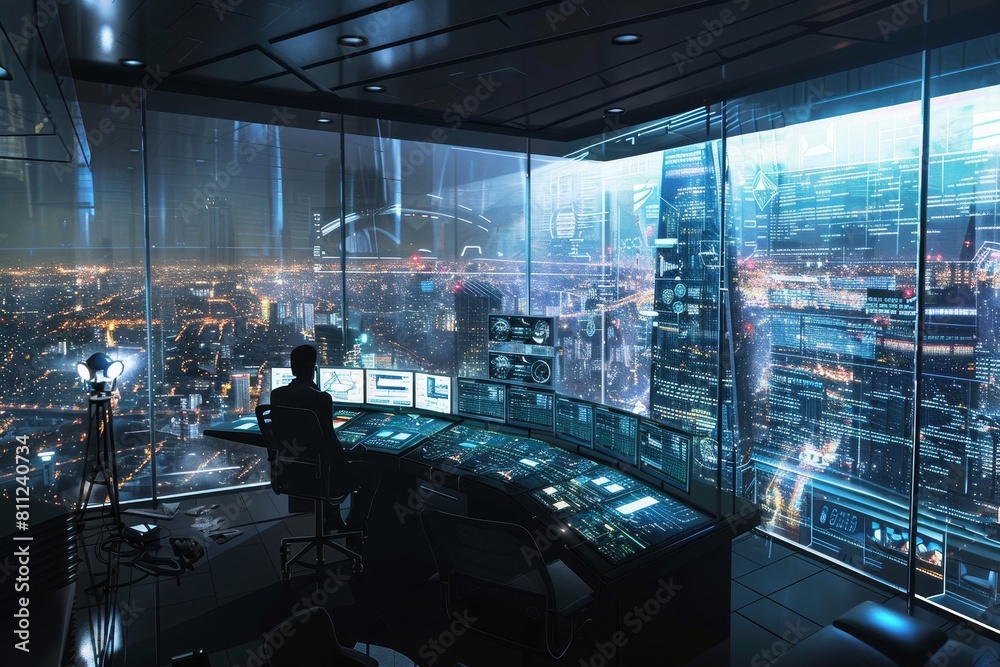 Poster a man sits at a desk in a high-tech command center, looking out the window, a high-tech command cent