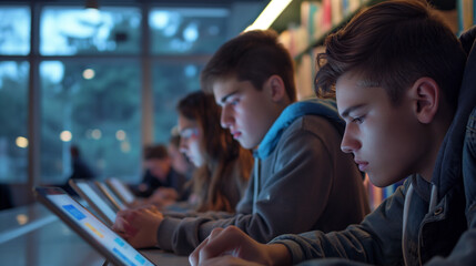 A modern high school setting where teenagers are using digital tablets for learning. The students are grouped in a library with large windows
