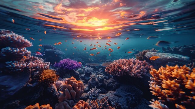Beautiful sea life under the ocean, world ocean day concept, sunset lighting. Generative AI. - Powered by Adobe