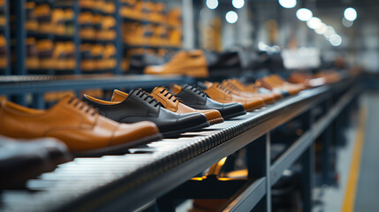 A side view of a conveyor system as pairs of casual shoes arrive, smoothly gliding along the belts. Each pair, showcasing its unique style and design