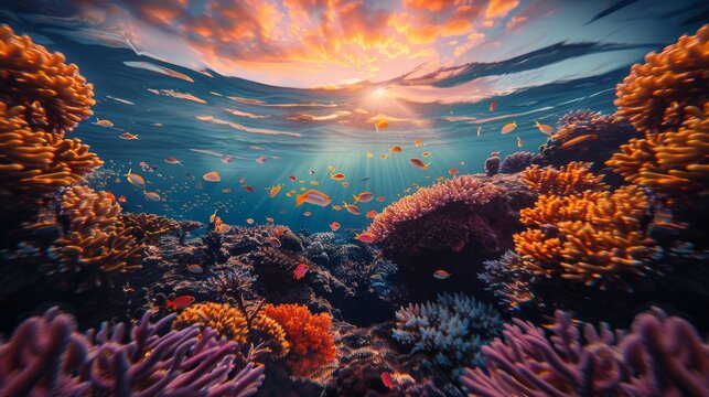 Beautiful sea life under the ocean, world ocean day concept, sunset lighting. Generative AI.