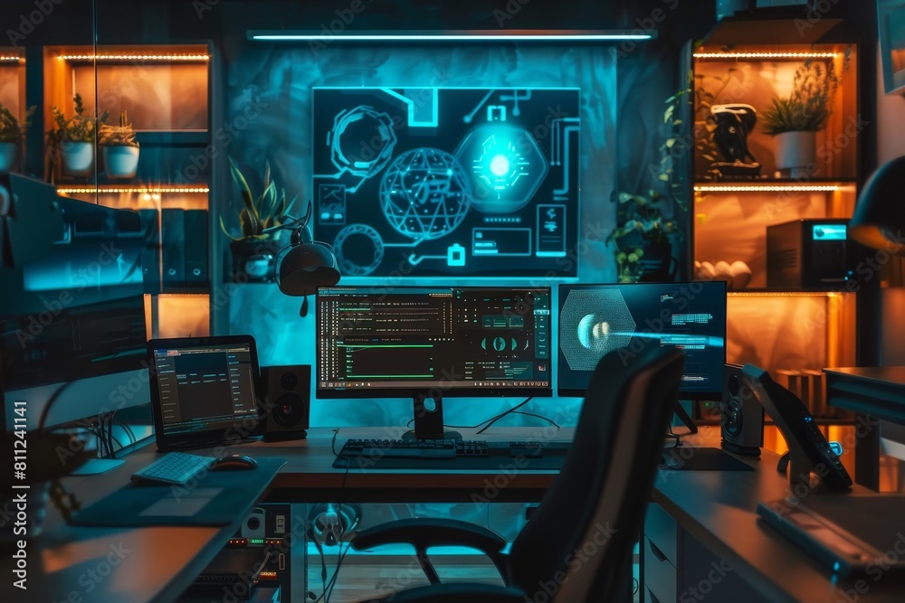 Poster a computer desk with a monitor and a keyboard, showcasing a high-tech workspace with advanced ai ass