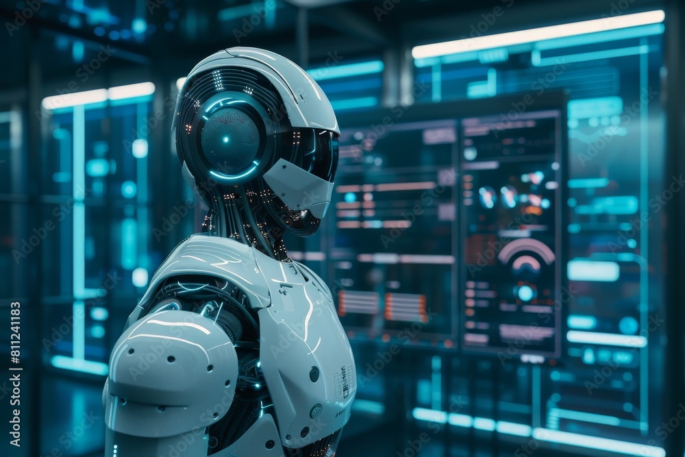 Poster a robot is positioned in front of a wall of windows in a high-tech workspace, a high-tech workspace 