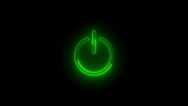 Neon glowing green color power button icon on black background animation