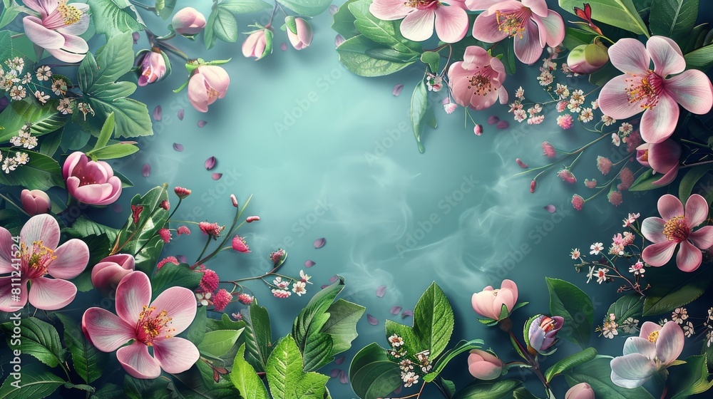 Poster Beautiful spring flowers floral border frame with copy space for text. top view. Generative AI.