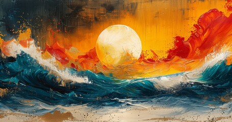 Large stroke oil painting, abstract painting, mural painting, modern artwork, paint spots, paint strokes, gold elements, orange, gold, blue, knife painting. Oil painting with large strokes.