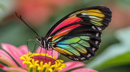   Butterfly on Pink and Yellow Flowers