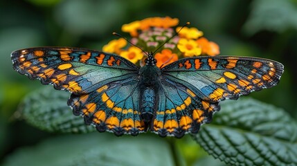   A butterfly sitting atop a plant with orange and yellow flowers in the background