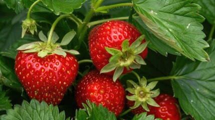 Freshly Picked Strawberries with Cross Section Detail. A Bunch of Sweet & Organic Fruits with