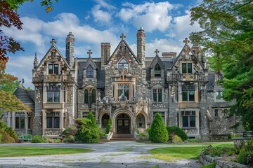 Obraz premium A grand castle-like building with numerous windows and turrets, showcasing its impressive architecture, A historic castle with turrets and grand stone facades