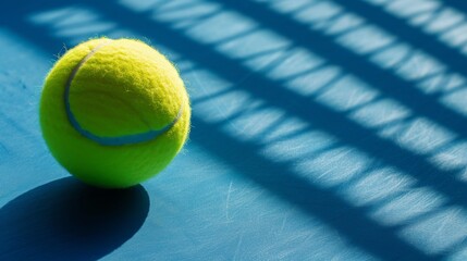 A tennis ball is placed on the court, with sunlight shining through the blue cloth and casting shadows