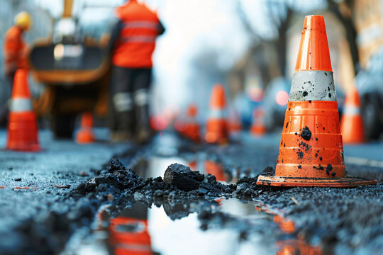 plastic cones and builders working on construction of asphalt road