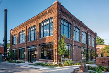 Large Brick Building on Corner, A historic office building that has been converted from a former warehouse, showcasing its original brick facade and industrial charm