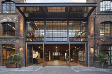 Historic Brick Building With Many Windows, A historic office building that has been converted from a former warehouse, showcasing its original brick facade and industrial charm - Powered by Adobe