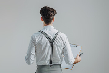 Rear view of a man with suspenders holding a clipboard