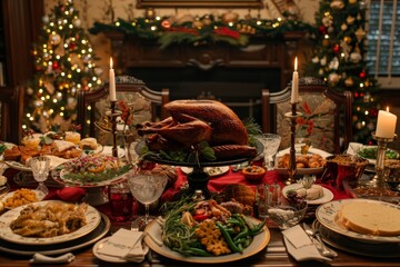 Fototapeta premium A table set for a holiday dinner, featuring a turkey surrounded by various delicious dishes, A holiday dinner celebration with festive decorations, music, and plenty of food to go around