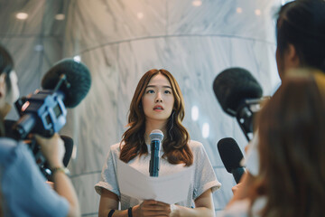 asian woman talking with journalists
