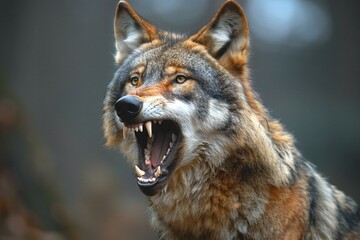 Portrait of a wild wolf with open mouth in the forest