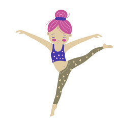 Vector cartoon cute girl girl doing gymnastics, pink and blue colors