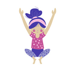 Vector cartoon cute girl girl doing gymnastics, pink and blue colors