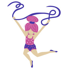 Vector cartoon cute girl girl doing gymnastics, pink and blue colors