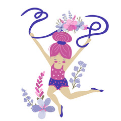 Vector cartoon cute girl girl doing gymnastics, pink and blue colors. Flowers and other botanical elements on the illustration