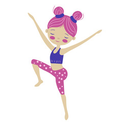 Vector cartoon cute girl girl doing gymnastics, pink and blue colors