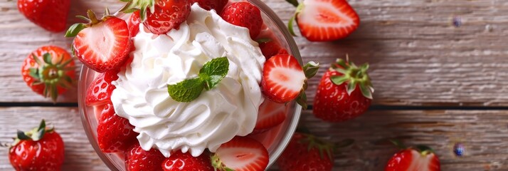 Elegant dessert with fresh strawberries and whipped cream in a simple and refined display