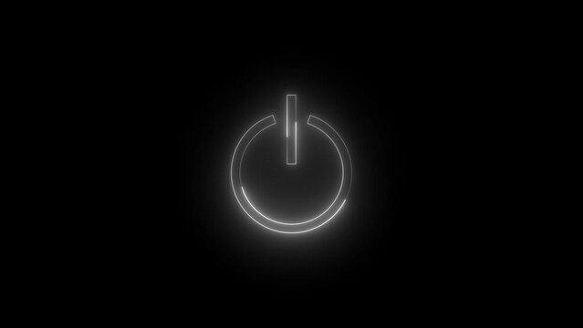 Neon glowing white color power button icon on black background animation