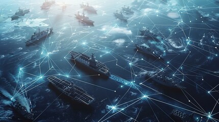 A display of modern military assets, including real currently used fighter planes, ships, satellites, and naval vessels connected by lines indicating communication or data links. Generative AI.