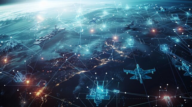 A display of modern military assets, including real currently used fighter planes, ships, satellites, and naval vessels connected by lines indicating communication or data links. Generative AI.