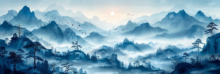 Panorama of chinese mountains with fog and sun in haze background. Rocky blue landscape with sunset and endless hills silhouettes