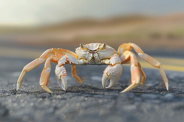 Crab on the road at sunset, closeup of photo