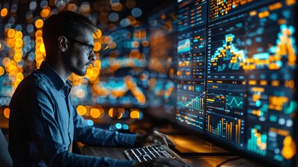 Data Scientist Analyzes Complex Big Data on Computer Screens in a High-Tech Office