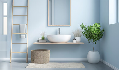 3d rendering, A light blue wall with an elegant wooden shelf, featuring a white sink and chrome...