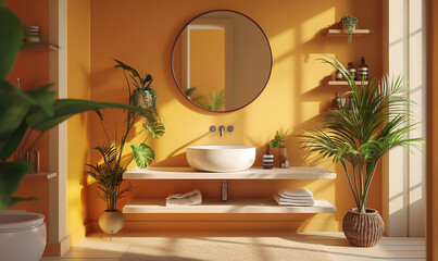 3d rendering, A warm and inviting bathroom wall in an orange color, featuring stylish shelves for storage with decorative accessories like plants or small mirrors