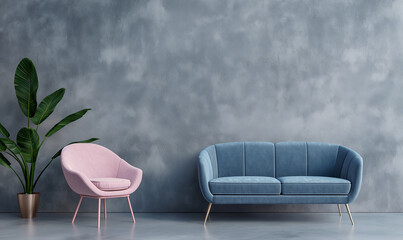 Fototapeta premium 3d rendering, A minimalist interior design with concrete walls, a grey floor and a soft pastel blue sofa. A single potted plant stands between the couch and wall
