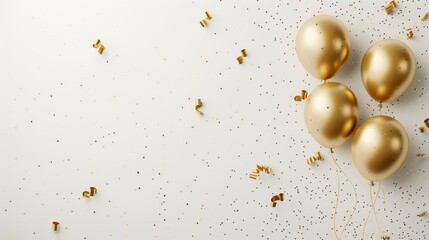 Background, White Background with Golden Balloons and Confetti, Festive Golden Balloons and Confetti on a Bright White Background, Perfect for Celebrations