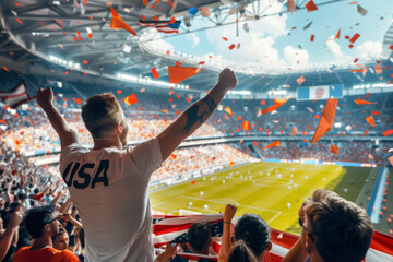 US American football soccer fans in a stadium supporting the national team, with scarfs and flags, Soccer Boys
