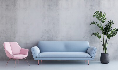 3d rendering, A minimalist interior design with concrete walls, a grey floor and a soft pastel blue sofa. A single potted plant stands between the couch and wall