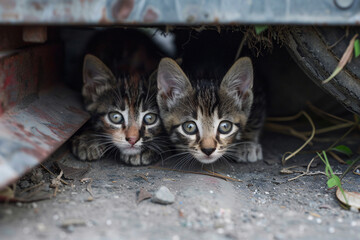 Two stray kittens hiding under object