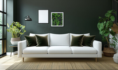 Fototapeta premium 3d rendering, A simple yet elegant living room with dark gray walls, a white sofa and wooden floor. A olive throw blanket on the couch adds color to the space