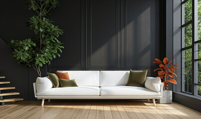 Fototapeta premium 3d rendering, A simple yet elegant living room with dark gray walls, a white sofa and wooden floor. A olive throw blanket on the couch adds color to the space
