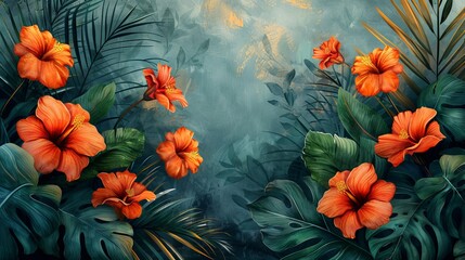 Artwork features watercolor floral illustration, golden elements, textured background, hand drawn plants. Tropical, Flowers. Leaves. Prints, wallpapers, posters, murals..........