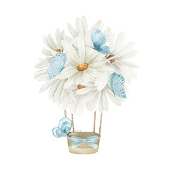 Floral hot air balloon, blue butterflies and bow. Watercolor daisy. Fantasy print.Hand drawn illustration on white background