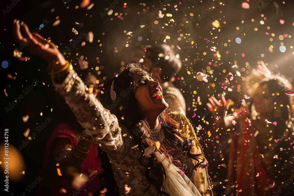 Sticker A group of people standing closely together, surrounded by falling confetti in a joyous celebration, A joyful celebration of two souls coming together