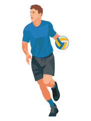 Volleyball player in a blue shirt runs with ball for throw it