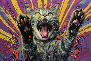 Cartoon cat with open mouth and colorful splashes on background